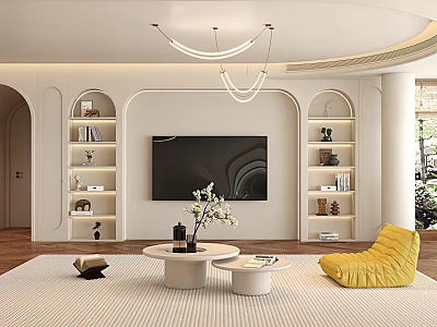 Modern Living Room Interior With Curved TV Wall Open Shelves Yellow Armchair And Flower Arrangement 3d model