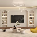 Modern Living Room Interior With Curved TV Wall Open Shelves Yellow Armchair And Flower Arrangement