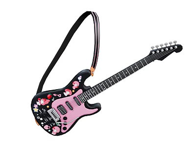Artistic Decorative Guitar With Pink Black Body Floral Patterns And Black Adjustable Strap 3d model