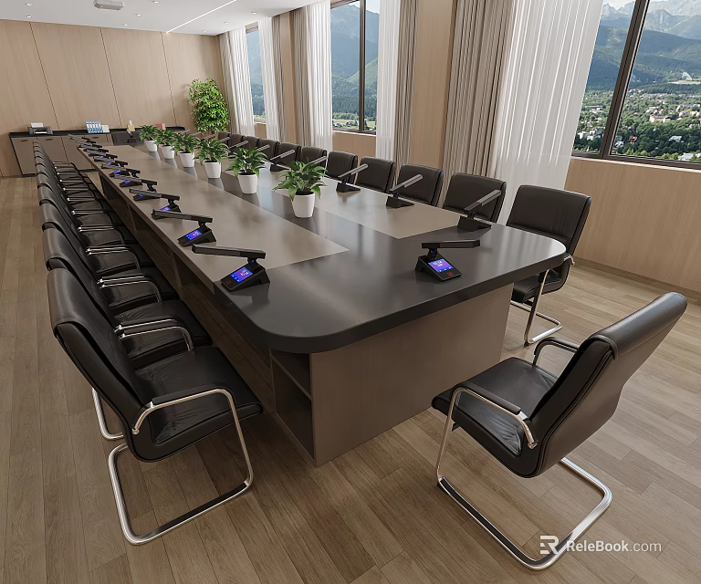 Conference Table With Black Leather Chairs Indoor Plants Built in Equipment And Scenic Mountain View 3d model 
