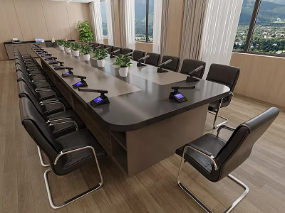 Conference Table With Black Leather Chairs Indoor Plants Built in Equipment And Scenic Mountain View 3d model