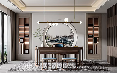 New Chinese Style Study Desk Chair Writing Desk Bookcase Casual Chair Decorative Cabinet 3d model