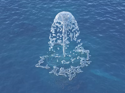 Garden Ornament Transparent Water Fountain on Blue Water Surface with Water Droplets and Splashes 3d model