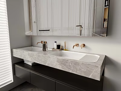 Elegant Modern Bathroom Vanity With Marble Countertop Black Cabinet And Brass Faucet 3d model