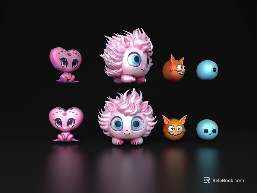 Cute Game and Movie Characters With Pink Heart Spiky Orange Cat And Blue Sphere Designs 3d model 