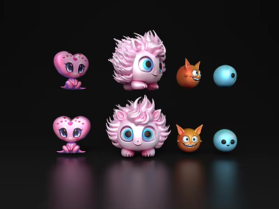 Cute Game and Movie Characters With Pink Heart Spiky Orange Cat And Blue Sphere Designs 3d model