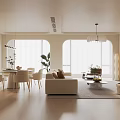 Modern Open Living and Dining Room Interior Design With Beige Sofa Dining Table And Large Windows