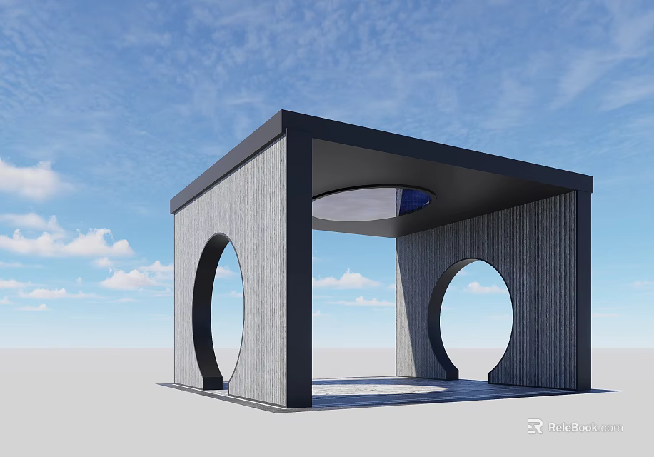 Modern Gray Concrete Structure With Circular Openings And Black Roof Against Blue Sky Background 3d model 