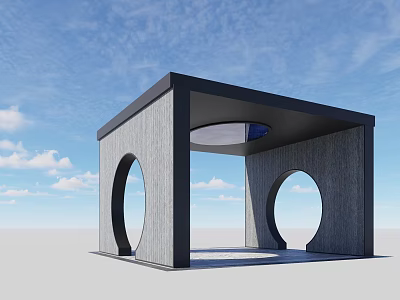 Modern Gray Concrete Structure With Circular Openings And Black Roof Against Blue Sky Background 3d model