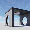 Modern Gray Concrete Structure With Circular Openings And Black Roof Against Blue Sky Background