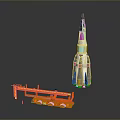 Scale Rocket Model Display With Orange Launch Pad And Structural Details