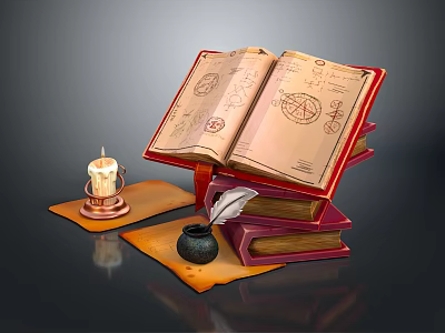 Vintage Open Ancient Book Scene with Feather Quill Inkwell Candle and Stacked Books 3d model