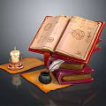 Vintage Open Ancient Book Scene with Feather Quill Inkwell Candle and Stacked Books