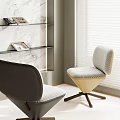Modern Accent Chair with Black and Beige Upholstery Marble Wall Shelf and Window Blinds