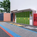 Bicycle Parking Area with Shelter Motorcycle and Bikes on Blue Floor Near Building and Tree
