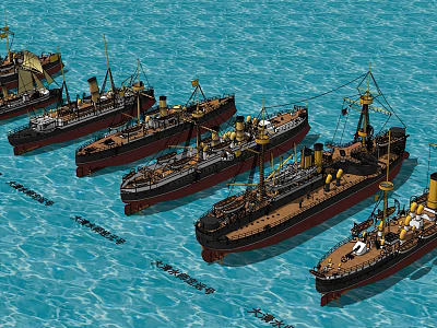 Vintage Warships Fleet Sailing On Blue Sea With Masts And Funnels 3d model