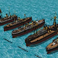 Vintage Warships Fleet Sailing On Blue Sea With Masts And Funnels