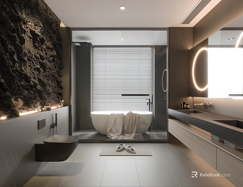 Modern Bathroom Interior With Dark Rock Wall Blinds Bathtub Round Mirror And Vanity Cabinets 3d model 