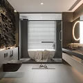 Modern Bathroom Interior With Dark Rock Wall Blinds Bathtub Round Mirror And Vanity Cabinets