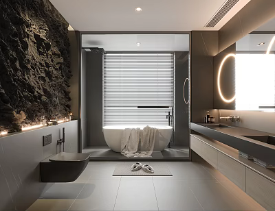 Modern Bathroom Interior With Dark Rock Wall Blinds Bathtub Round Mirror And Vanity Cabinets 3d model
