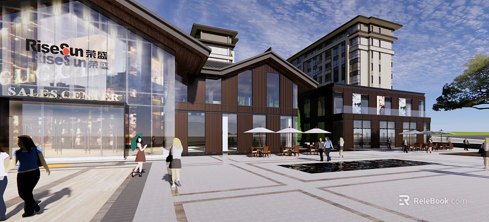 Modern Commercial Street with Glass Facades Wooden Structures and Outdoor Seating Areas 3d model 