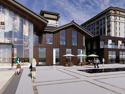 Modern Commercial Street with Glass Facades Wooden Structures and Outdoor Seating Areas 3d model