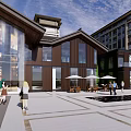 Modern Commercial Street with Glass Facades Wooden Structures and Outdoor Seating Areas