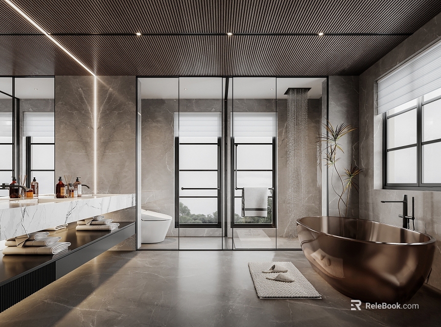 Modern Bathroom Interior With Marble Walls Glass Shower Partition Copper Bathtub Vanity And Large Windows 3d model 