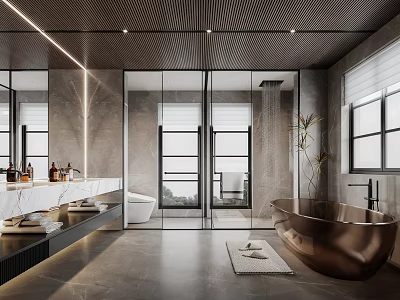 Modern Bathroom Interior With Marble Walls Glass Shower Partition Copper Bathtub Vanity And Large Windows 3d model