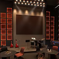 Modern Bar With Red Staircase Black Sofas Round Pendant Lights Circular Wall And Large Window