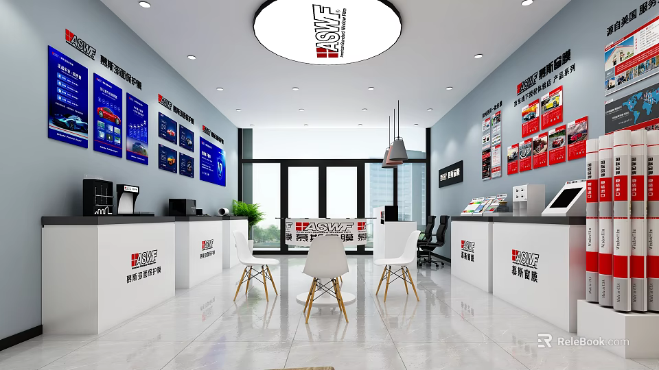 Modern Home Exhibition Hall With Sofia Brand Display Screens Reception Desk And Furniture 3d model 