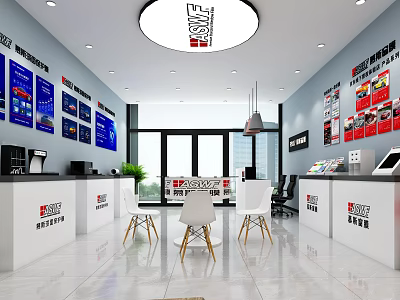 Modern Home Exhibition Hall With Sofia Brand Display Screens Reception Desk And Furniture 3d model