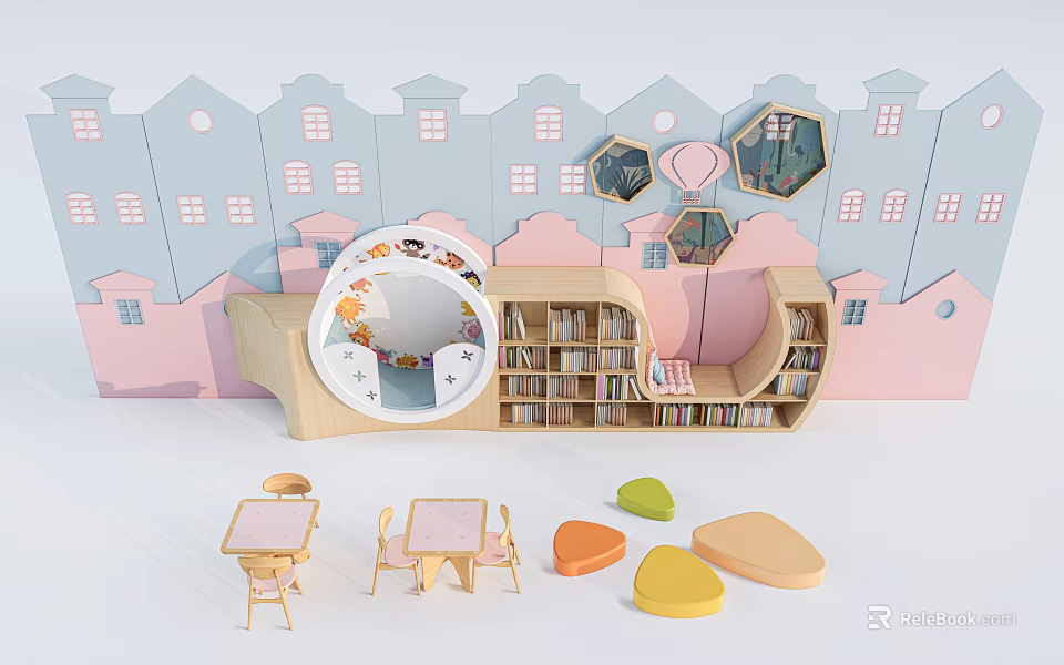 Modern Kids Room Storage Shelf with Bookshelf and Colorful Toys Organizer 3d model 
