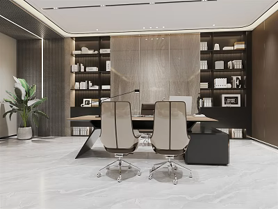 Modern Office Interior Design With Executive Desk Ergonomic Chairs Bookshelves And Potted Plant 3d model