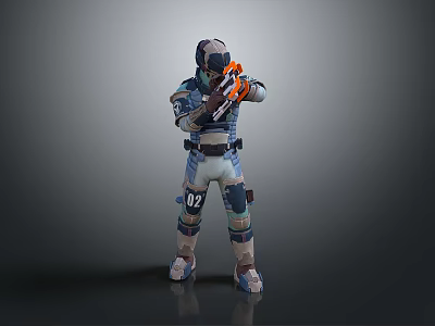 Game Movie Character In Blue Green White Combat Gear Holding Orange Weapon With Number 02 3d model