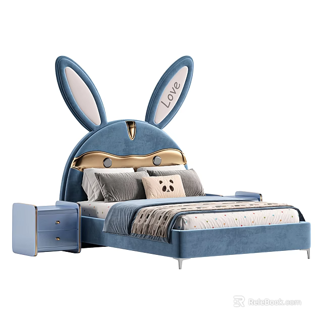 Blue Kids Bed with Rabbit Ear Design Headboard Love Lettering Pillows Bear Cushion and Nightstand 3d model 