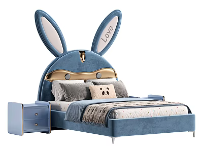 Blue Kids Bed with Rabbit Ear Design Headboard Love Lettering Pillows Bear Cushion and Nightstand 3d model