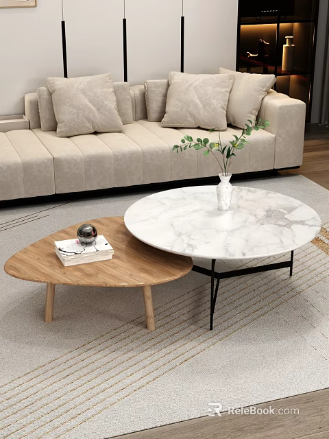 Beige Sofa With Pillows And Marble Wooden Coffee Table Set Featuring Green Plants On Rug 3d model 