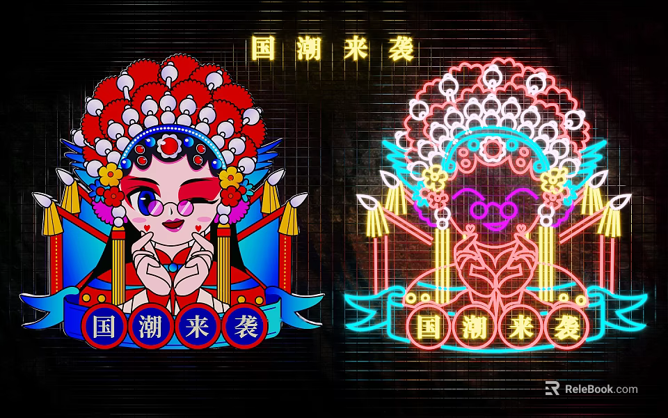 Chinese Trendy Style Decorative Lights With Peking Opera Mask And Colorful Patterns 3d model 