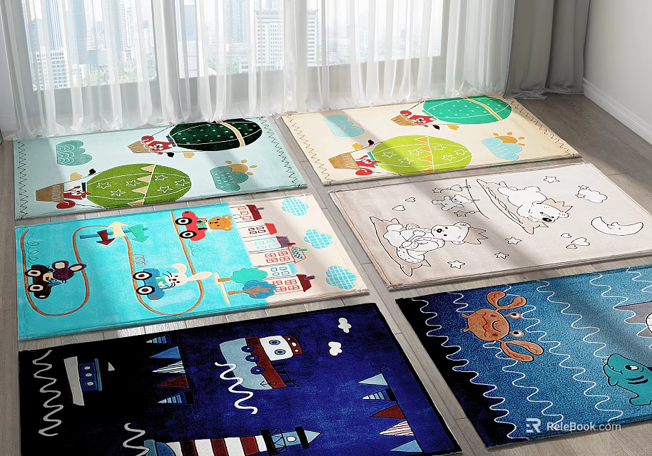 Colorful Square Rugs With Cartoon Animal Tree And Building Patterns For Kids Room 3d model 