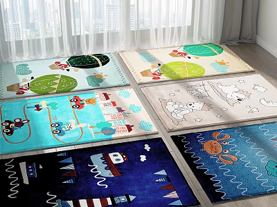 Colorful Square Rugs With Cartoon Animal Tree And Building Patterns For Kids Room 3d model