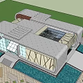 Modern Building With Geometric Facade Silver Beige Exterior Glass Windows Spacious Plaza And Green Lawns