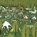 Scenic Camping Site Featuring White Tents Green Grass Tall Trees Winding Paths Activity Areas