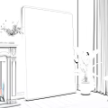 Large Gold Framed Mirror In Living Room With White Fireplace And Green Plant