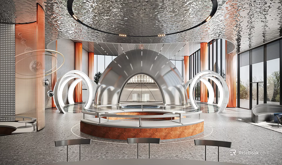 Modern Sales Office Interior Design With Circular Metal Structure And Open Display Area 3d model 