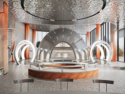 Modern Sales Office Interior Design With Circular Metal Structure And Open Display Area 3d model
