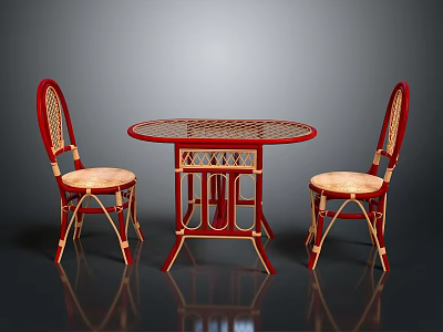 Red Round Rattan Table With Two Matching Chairs And Upholstered Seats 3d model