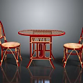 Red Round Rattan Table With Two Matching Chairs And Upholstered Seats