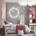 Kids Room Interior With Gray Dandelion Wallpaper Glowing Circular Decor Pink Chair And Red Bookshelf