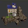 Idyllic Landscape With Small House Windmill Rocky Terrain Water Stream And Green Grass
